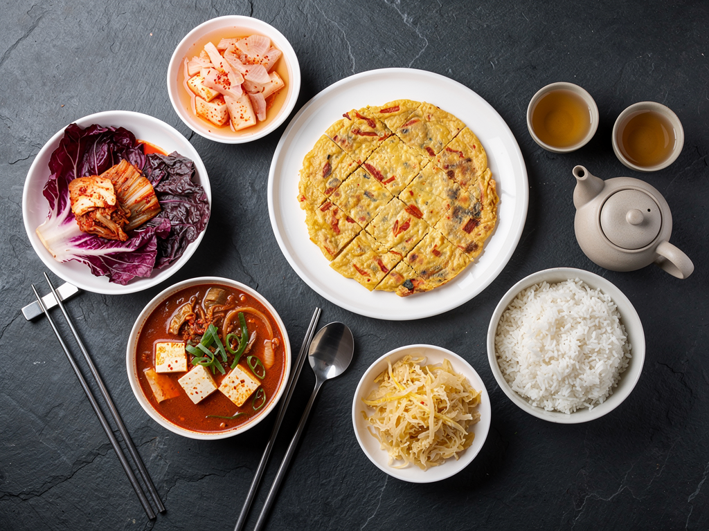 Kimchi vs Sauerkraut: The Honest 2026 Guide for UAE Diners 3 Overhead spread of Korean kimchi dishes served as banchan with rice