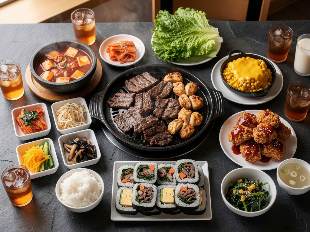 Korean BBQ Birthday Abu Dhabi (2026): How to Actually Book It 3 halal Korean group dinner spread with Korean BBQ and banchan in Abu Dhabi