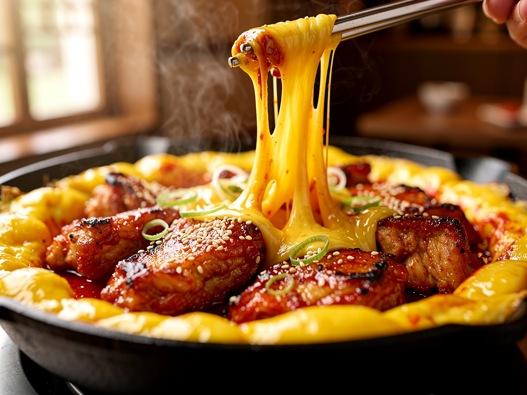 Korean BBQ Date Night Abu Dhabi (2026): The Honest Guide for Two 2 cheese dakgalbi close-up at a halal Korean restaurant in Abu Dhabi