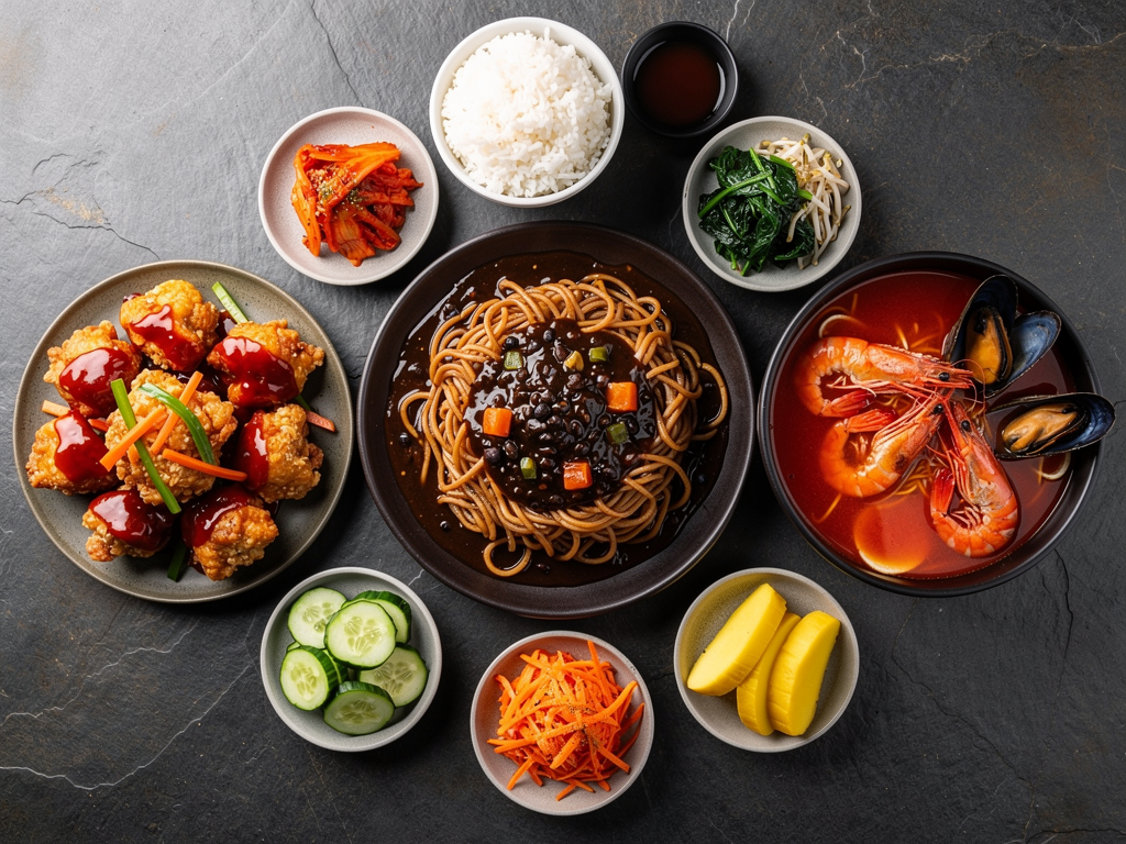 Korean Chinese Food Abu Dhabi (2026): The Honest Guide to Jjajangmyeon, Jjampong and Tangsuyuk 3 halal Korean Chinese food spread with jjajangmyeon and tangsuyuk in Abu Dhabi