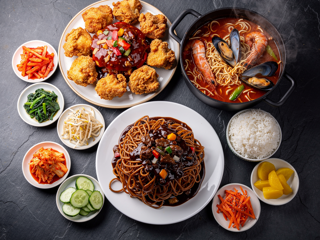 Korean Chinese Food Dubai (2026): The Honest Guide to Jjajangmyeon, Jjampong and Tangsuyuk 3 Overhead spread of Korean Chinese dishes with banchan