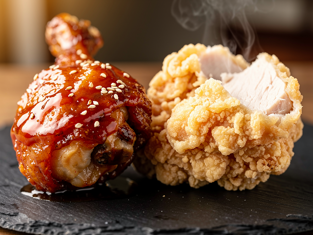 Korean Fried Chicken vs Karaage: The Honest 2026 Guide for UAE Diners 2 Korean fried chicken glazed crust close-up next to dry karaage crust