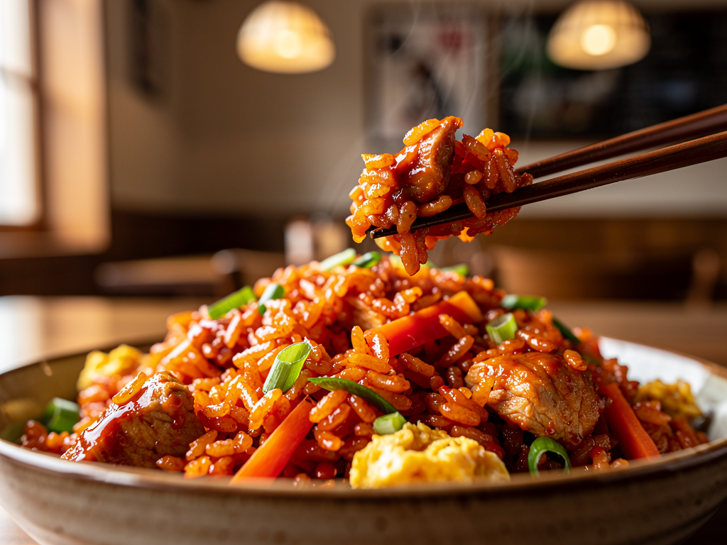 korean fried rice close-up showing dry, separate rust-orange grains