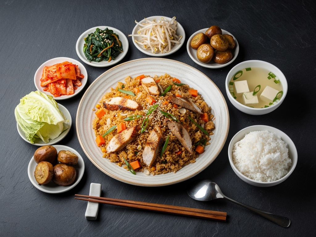 Korean fried rice served with banchan and soup on a UAE restaurant table
