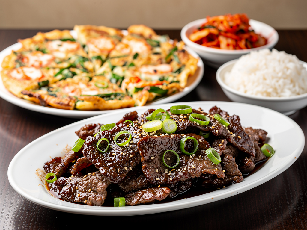 Korean group set menu close-up of shared platters at a halal Korean restaurant in Dubai