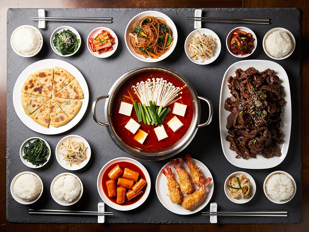 Korean set menu for a large group in Dubai laid out on a long table