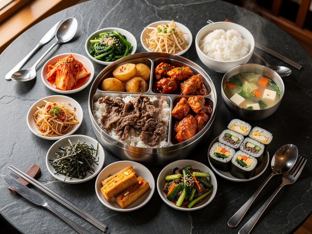 Korean Lunch Box Abu Dhabi (2026): The Honest Guide to Dosirak and Set Meals 3 Overhead spread of a Korean lunch box meal with banchan in Abu Dhabi