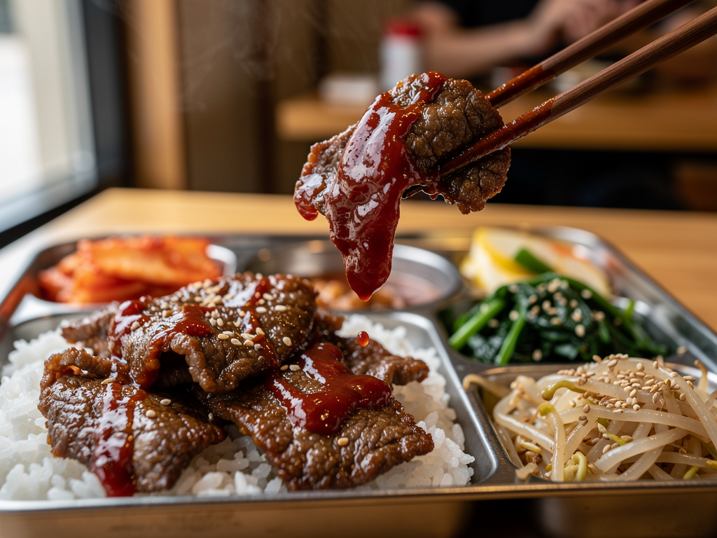 Korean Lunch Box Dubai (2026): The Honest Guide to Dosirak and Set Meals 2 Close-up of a Korean lunch box tray with rice, banchan and a beef main