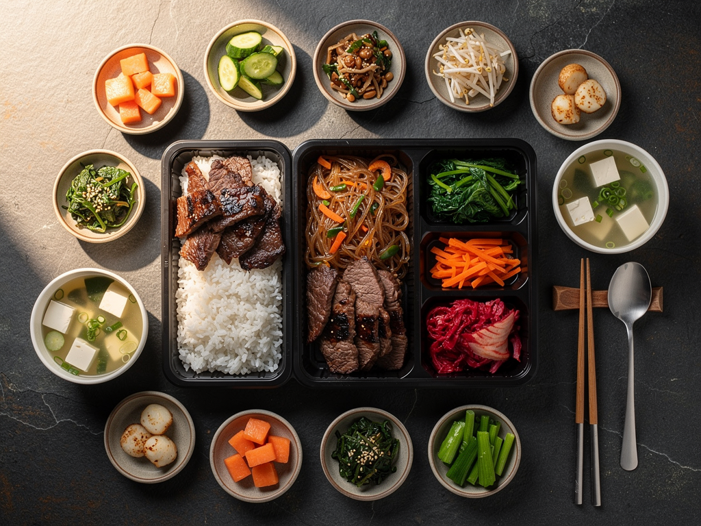 Korean Lunch Box Dubai (2026): The Honest Guide to Dosirak and Set Meals 3 Overhead spread of Korean lunch boxes and banchan on a dark table