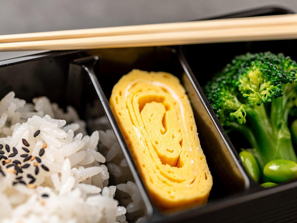 Japanese bento box compartments beside a Korean lunch box in Dubai