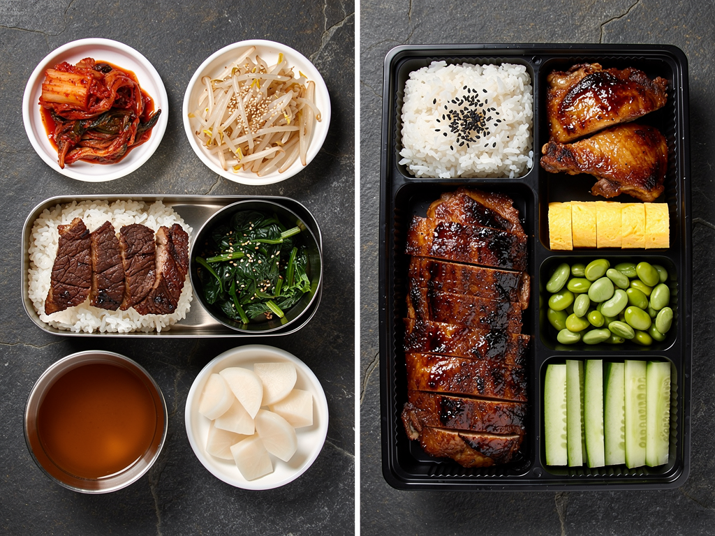 Korean lunch box and Japanese bento compared side by side on a Dubai table