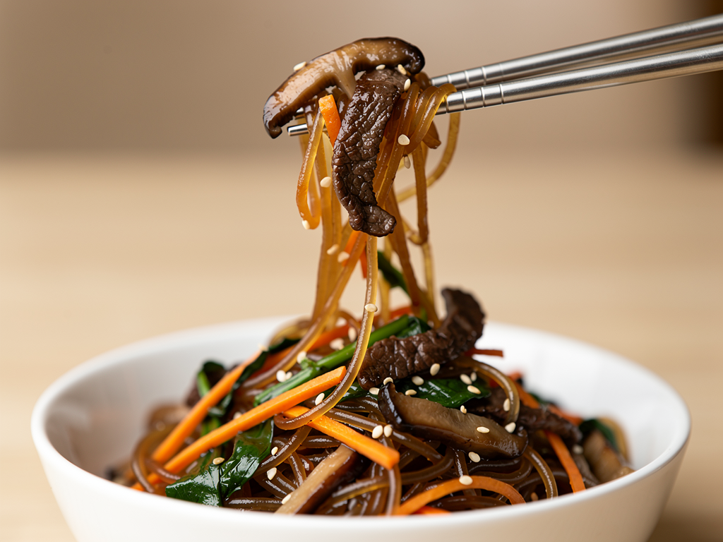 Korean Noodles Dubai (2026): The Honest Guide to Every Noodle Family and What It Costs 2 Korean glass noodles japchae close-up at a halal Korean restaurant in Dubai
