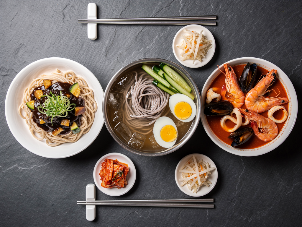 Korean Noodles Dubai (2026): The Honest Guide to Every Noodle Family and What It Costs 3 three Korean noodle dishes compared side by side on a table in Dubai