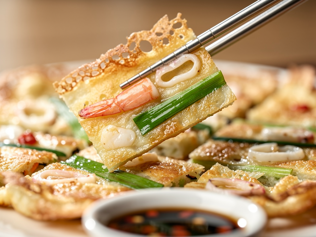 Close-up of a Korean haemul pajeon seafood and spring onion pancake cut into squares