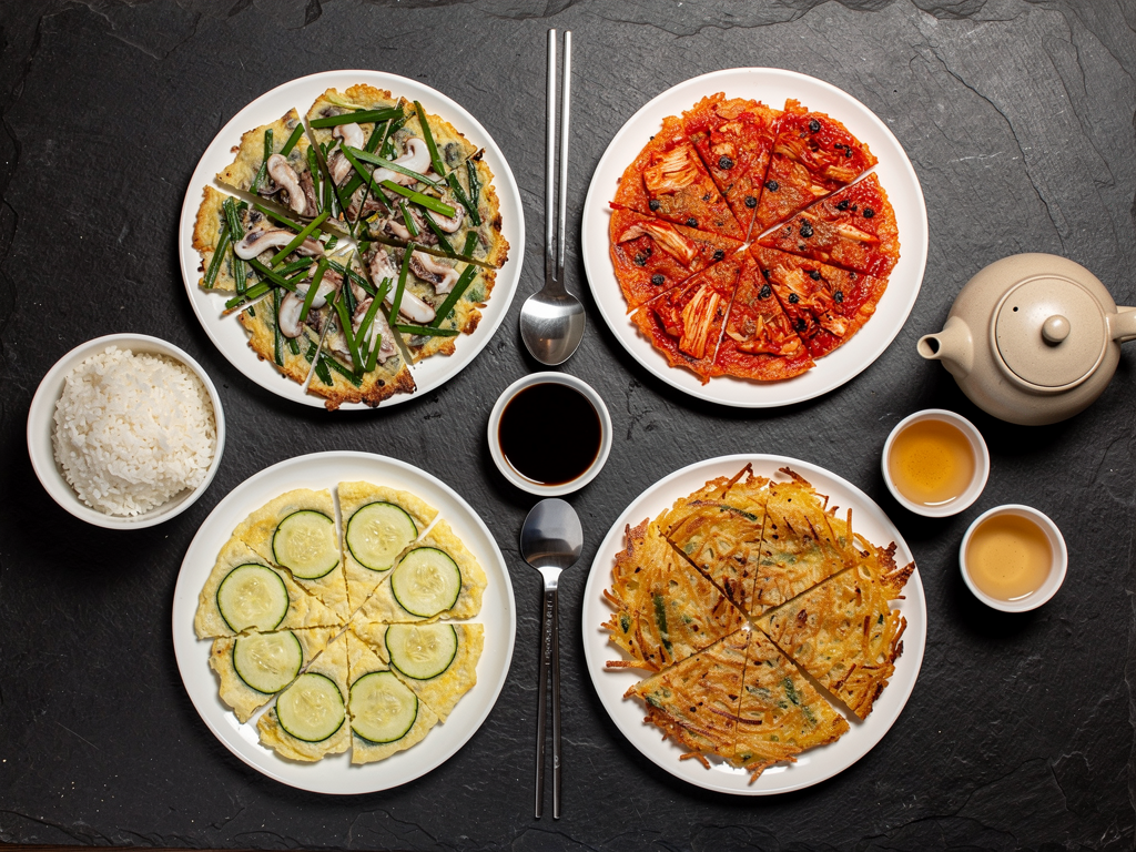 Overhead spread of Korean jeon pancake varieties on a restaurant table