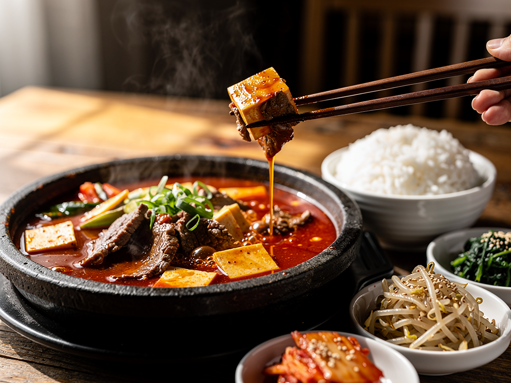Korean Restaurant JLT (2026): The Honest Local Guide 2 A bubbling Korean beef and tofu stew with rice and banchan at a Korean restaurant in JLT Dubai
