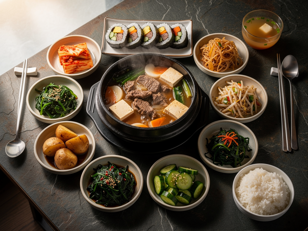 Korean Restaurant JLT (2026): The Honest Local Guide 3 A Korean banchan spread with beef stew, gimbap and rice, the stew-and-rice style JLT is built on
