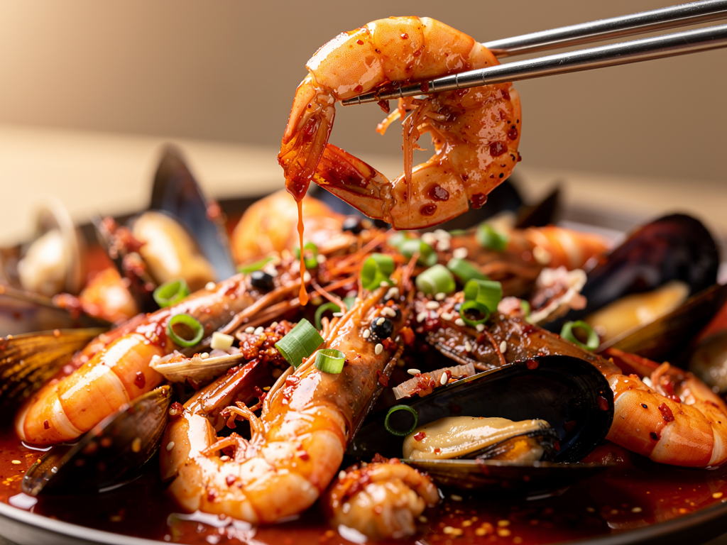 Korean Seafood Boil vs Cajun: The Honest 2026 Guide for UAE Diners 2 Close-up of a Korean seafood boil in glossy red chilli sauce with prawns and mussels