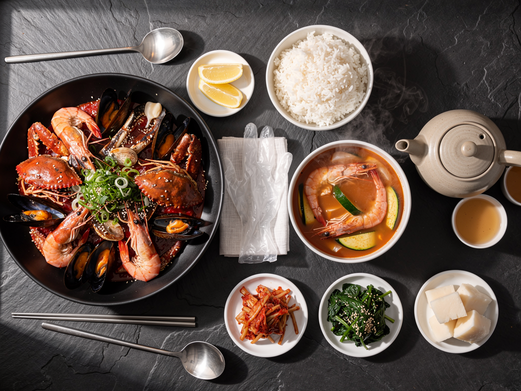 Korean Seafood Boil vs Cajun: The Honest 2026 Guide for UAE Diners 3 Overhead spread of a Korean seafood boil with rice and side dishes on a restaurant table