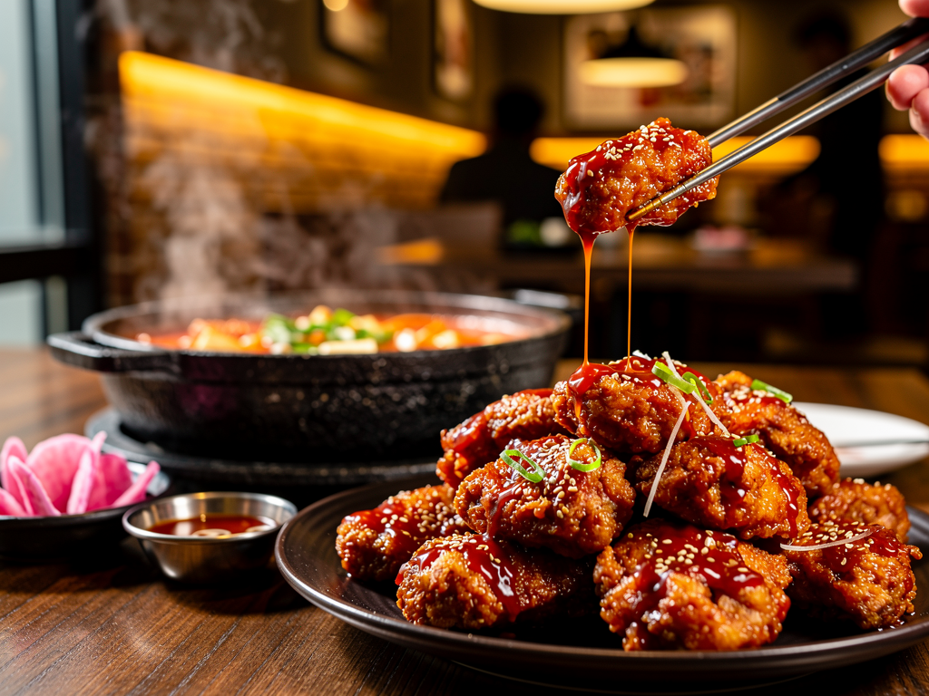 Korean fried chicken and a bubbling soondubu jjigae stew on a late-night restaurant table close-up at a halal Korean restaurant in Abu Dhabi