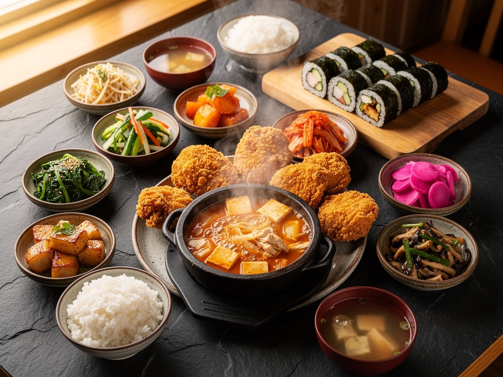 halal Korean food spread with fried chicken, soondubu stew, gimbap and banchan in Abu Dhabi