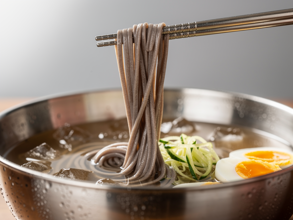 Naengmyeon vs Soba: The Honest 2026 Guide for UAE Diners 2 Cold buckwheat noodles lifted from an icy naengmyeon broth in Dubai