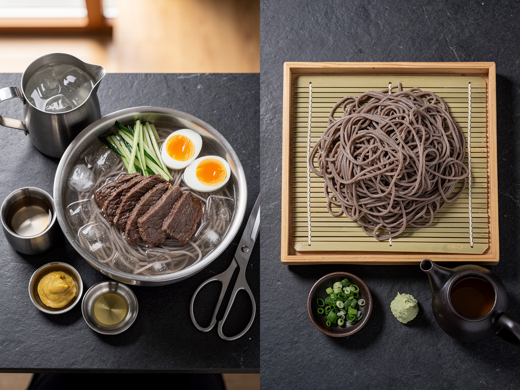 Naengmyeon vs Soba: The Honest 2026 Guide for UAE Diners 3 Korean naengmyeon and Japanese zaru soba compared on a Dubai table