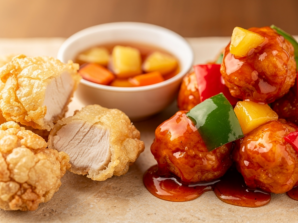 Close-up of crisp battered chicken tangsuyuk with sauce served on the side beside pre-tossed sweet and sour chicken