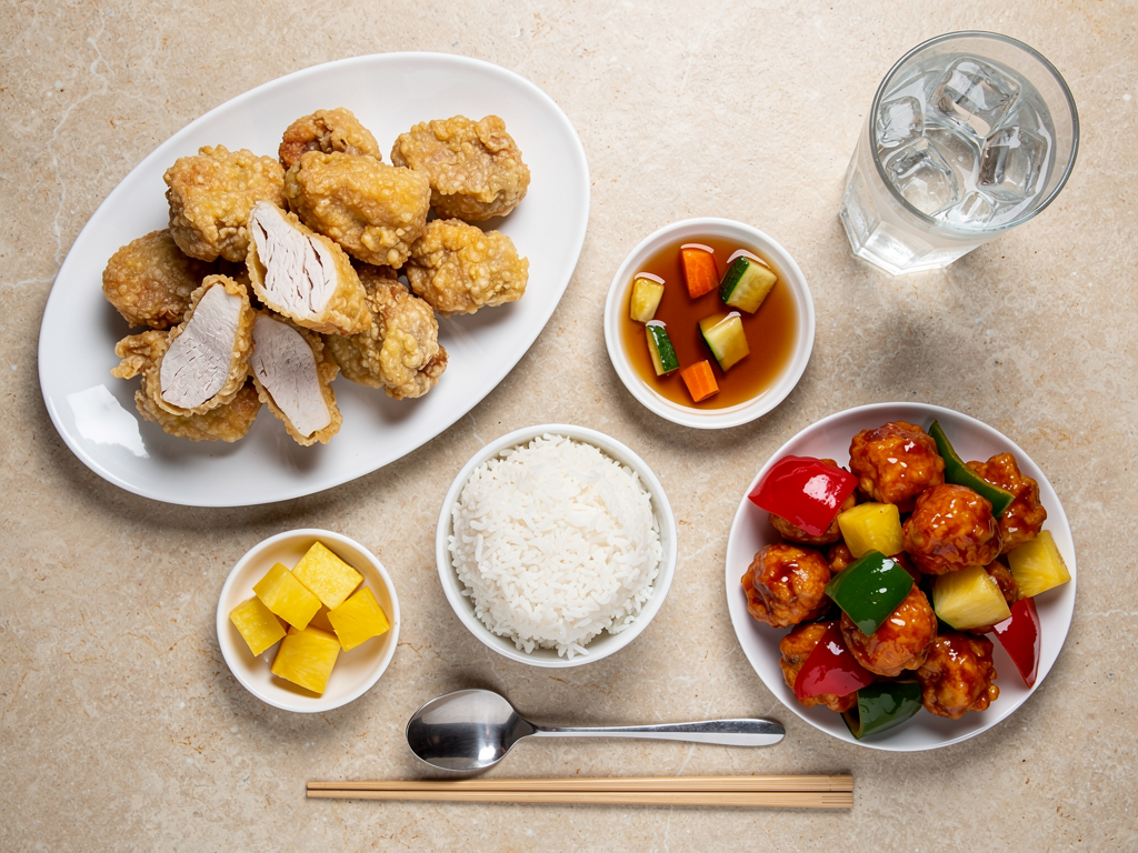 Korean Chinese and Western Chinese fried chicken dishes laid out together on a table for comparison