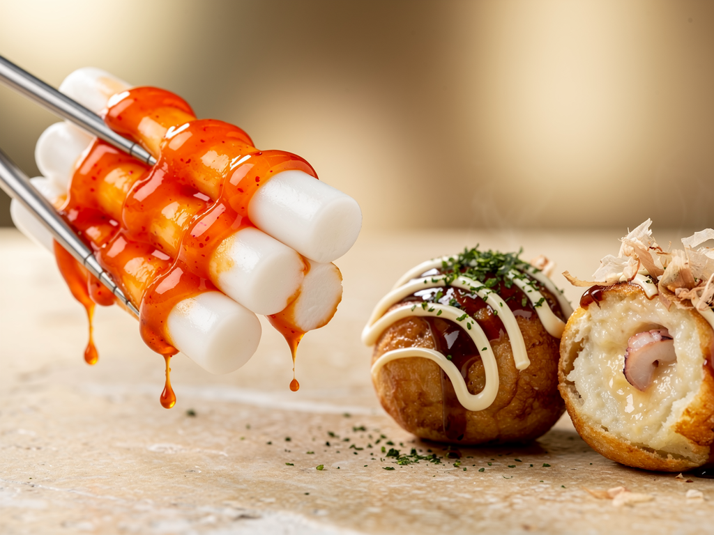 Tteokbokki vs Takoyaki (2026): Honest Local Guide 2 Close-up of chewy white rice cakes in red sauce beside golden takoyaki balls with bonito flakes
