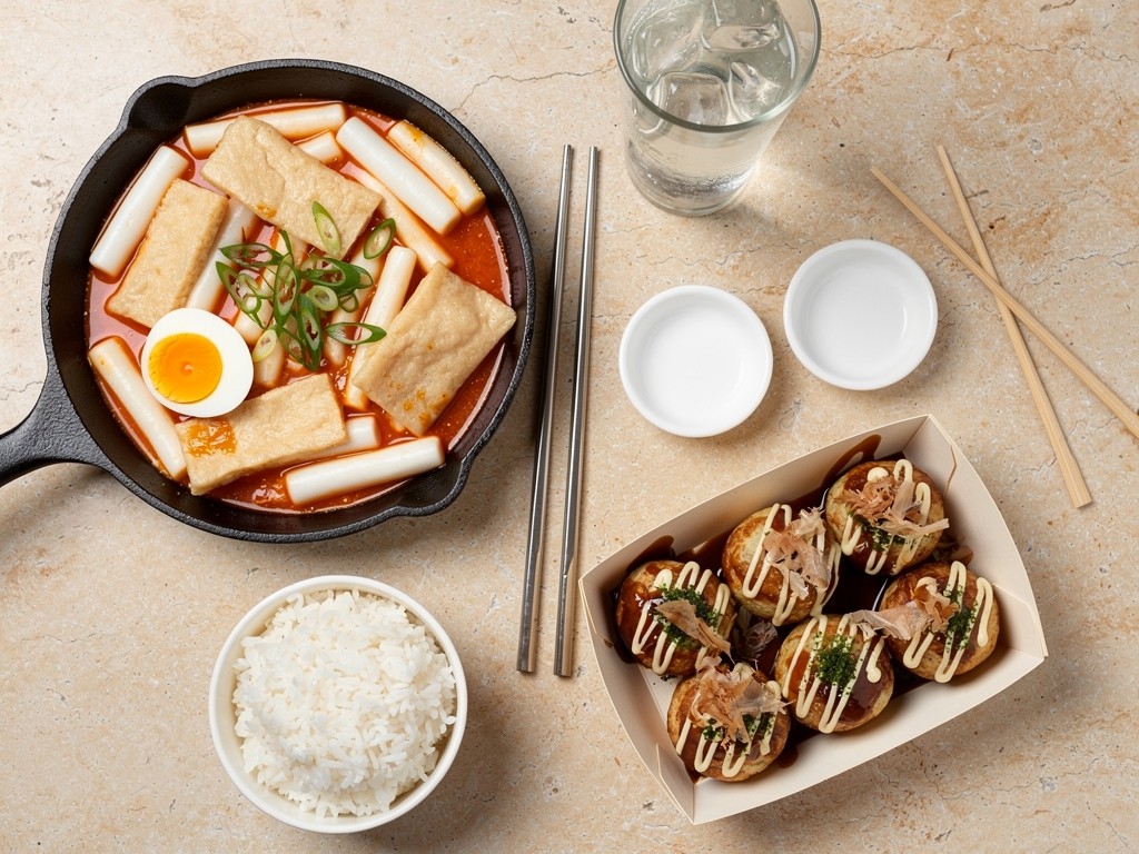 Tteokbokki vs Takoyaki (2026): Honest Local Guide 3 Korean and Japanese street food snacks laid out together on a table for comparison