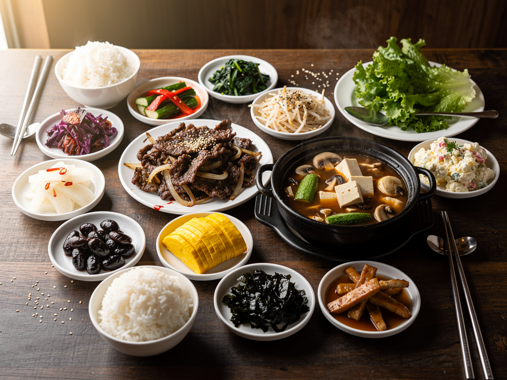 Authentic Korean Food in Dubai (2026): What "Authentic" Really Means Here, and Where to Find It 3 a spread of Korean banchan side dishes with rice, stew and grilled beef