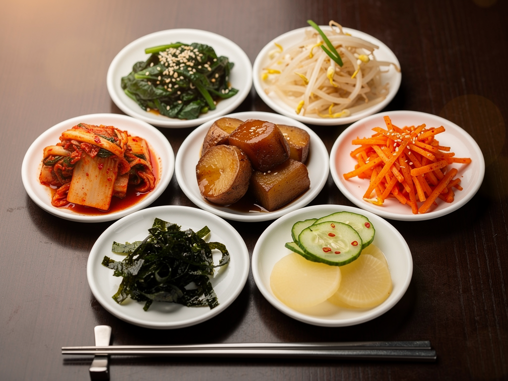 Korean banchan side dishes on a restaurant table in the UAE