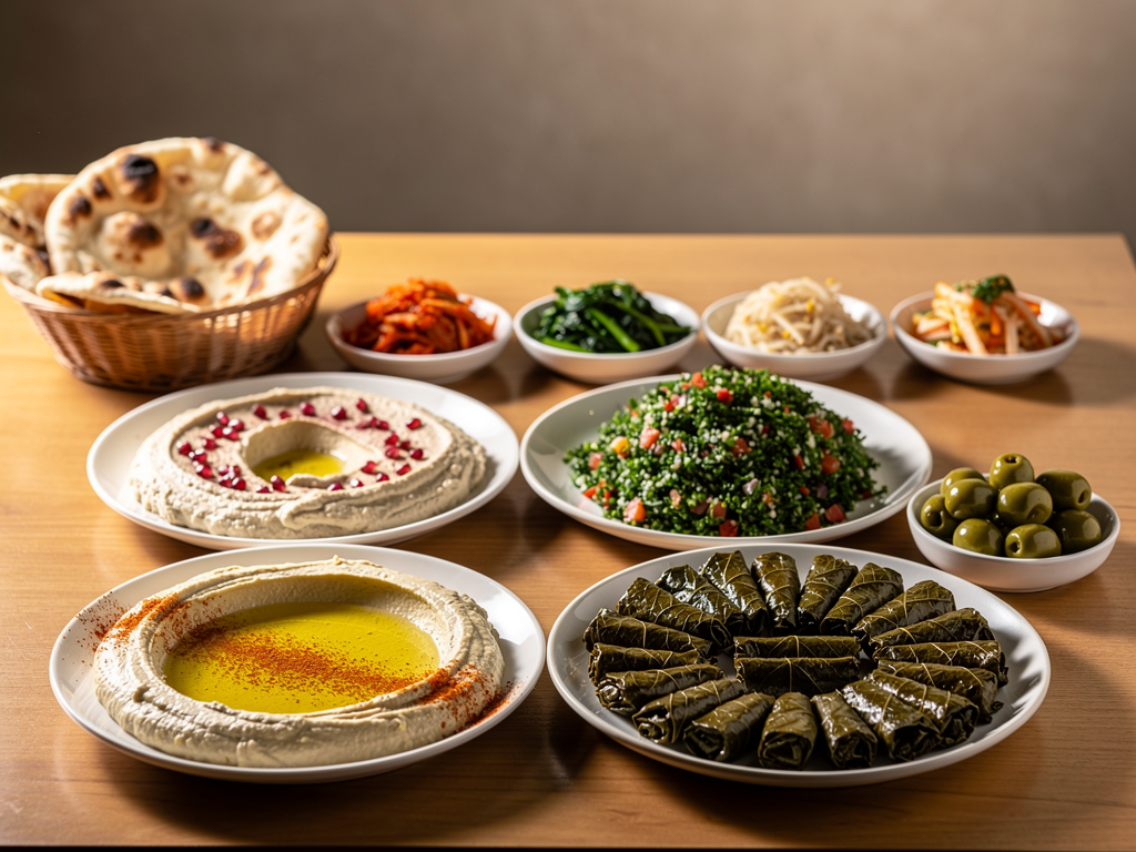 Arabic mezze plates beside Korean side dishes in Dubai