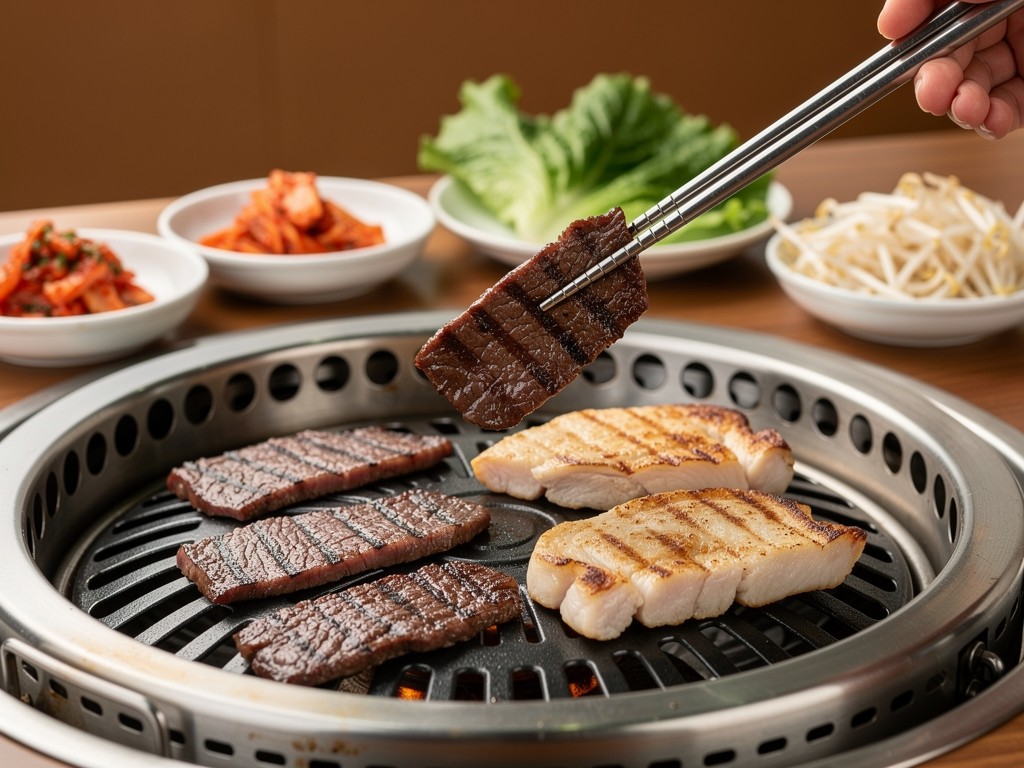 Best Buffet on Sheikh Zayed Road (2026): 5 Honest Picks from AED 44 to AED 295 2 unlimited Korean BBQ beef and chicken close-up on a table grill on sheikh zayed road, Dubai