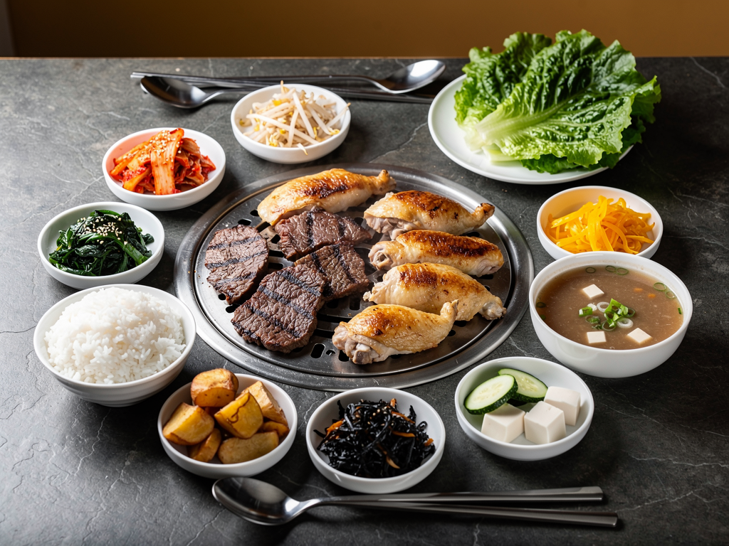 Best Buffet on Sheikh Zayed Road (2026): 5 Honest Picks from AED 44 to AED 295 3 halal Korean BBQ spread with banchan, soup and rice on sheikh zayed road, Dubai