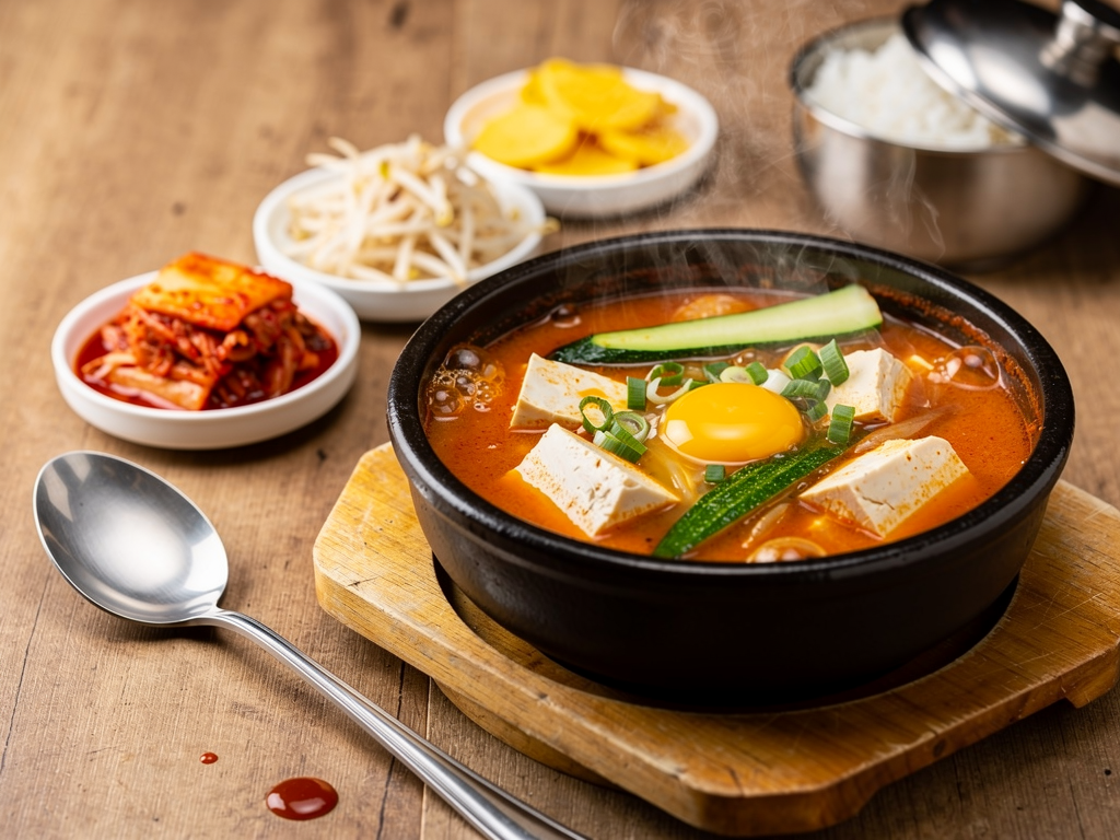 Korean soft tofu stew in an earthenware pot with three side dishes and rice in Fujairah