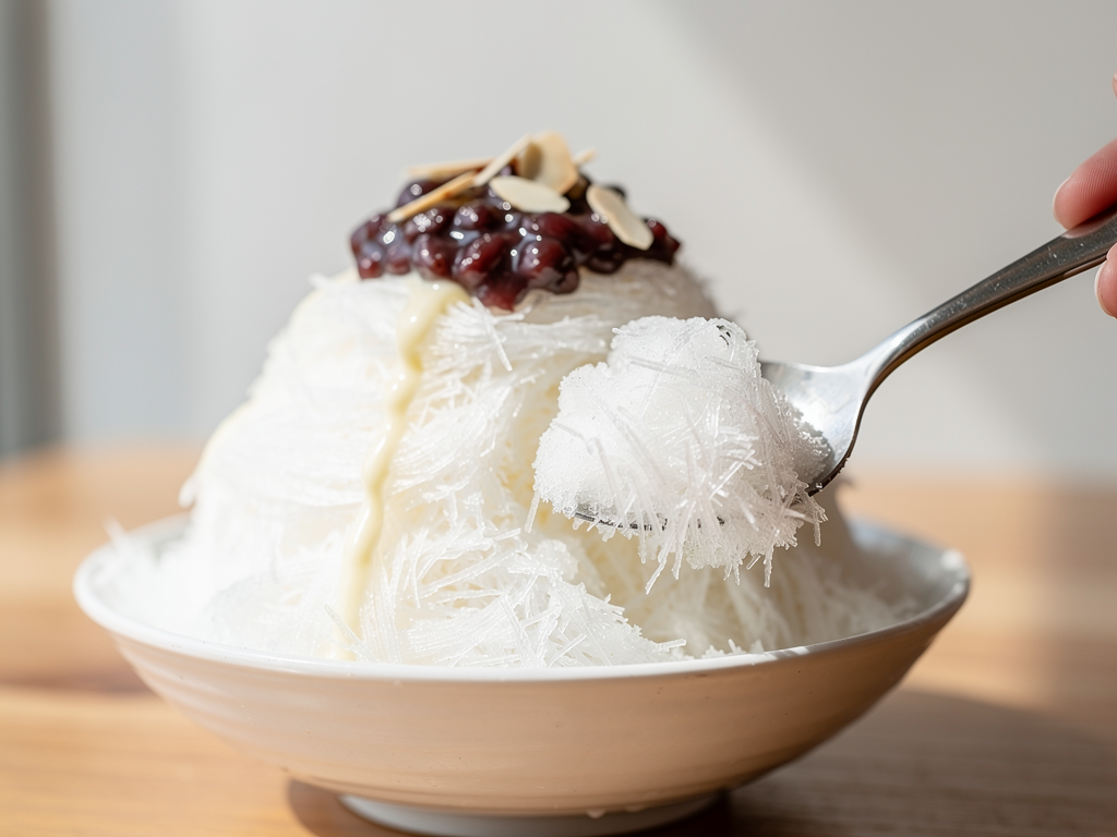 Bingsu Vs Falooda (2026): Honest Local Guide 2 Close-up of shaved milk ice bingsu topped with red bean paste and almond slices