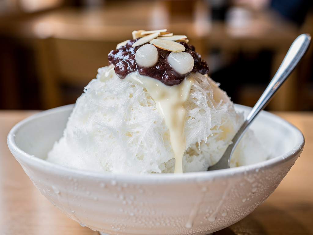 Bingsu vs Kunafa (2026): Honest UAE Guide 2 Korean milk bingsu with red bean, almonds and rice cakes in a white bowl