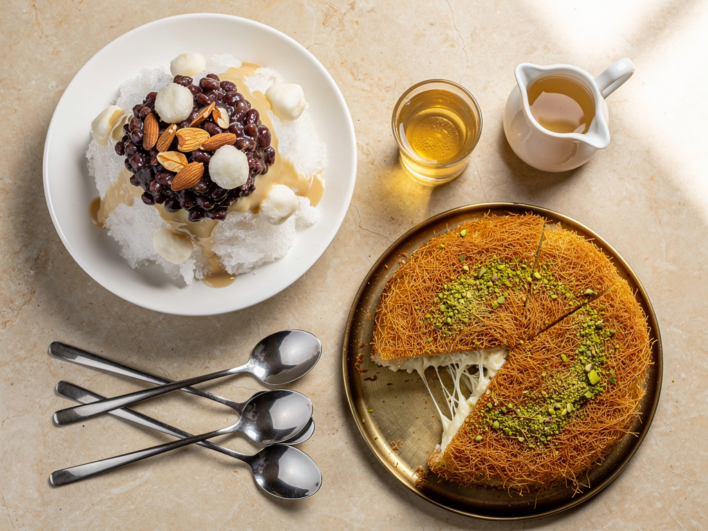 Bingsu vs Kunafa (2026): Honest UAE Guide 3 Bingsu and kunafa served together on a UAE dessert table with Korean tea