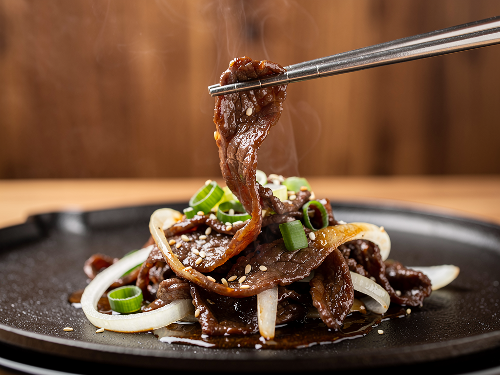 Beef bulgogi cooking on a griddle with sesame seeds and spring onion