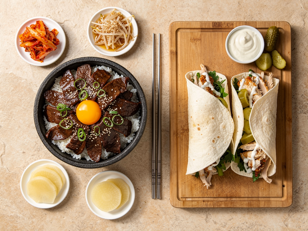 Korean bulgogi rice bowl beside a chicken shawarma wrap on a Dubai restaurant table