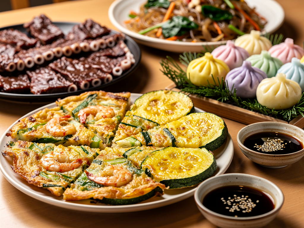 Korean table with jeon pancakes, galbi, japchae and banchan for a Chuseok-style dinner