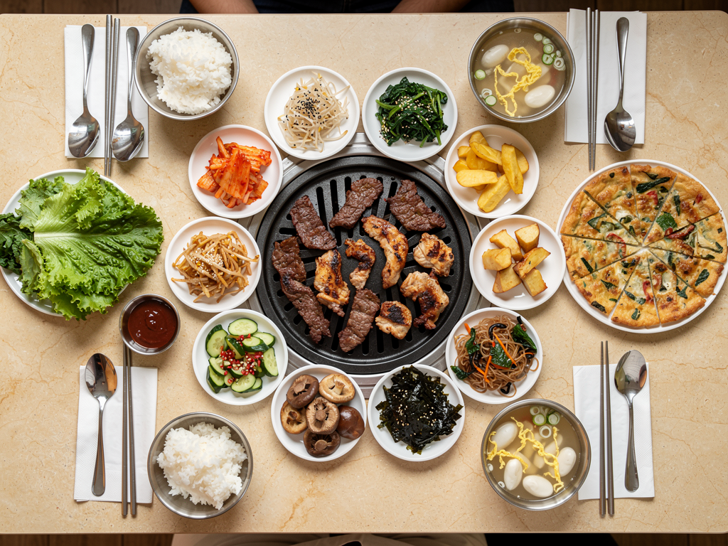 Mukbang Shows family table with unlimited Korean BBQ, pajeon, japchae, banchan, rice and soup