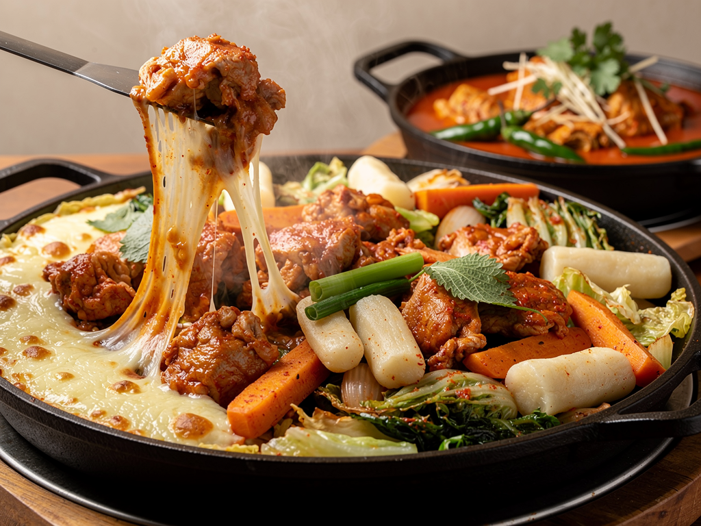 Dakgalbi vs Chicken Karahi (2026): The Honest UAE Guide 2 red gochujang cheese dakgalbi sizzling in a cast-iron pan beside a karahi of chicken in tomato gravy with ginger and green chilli