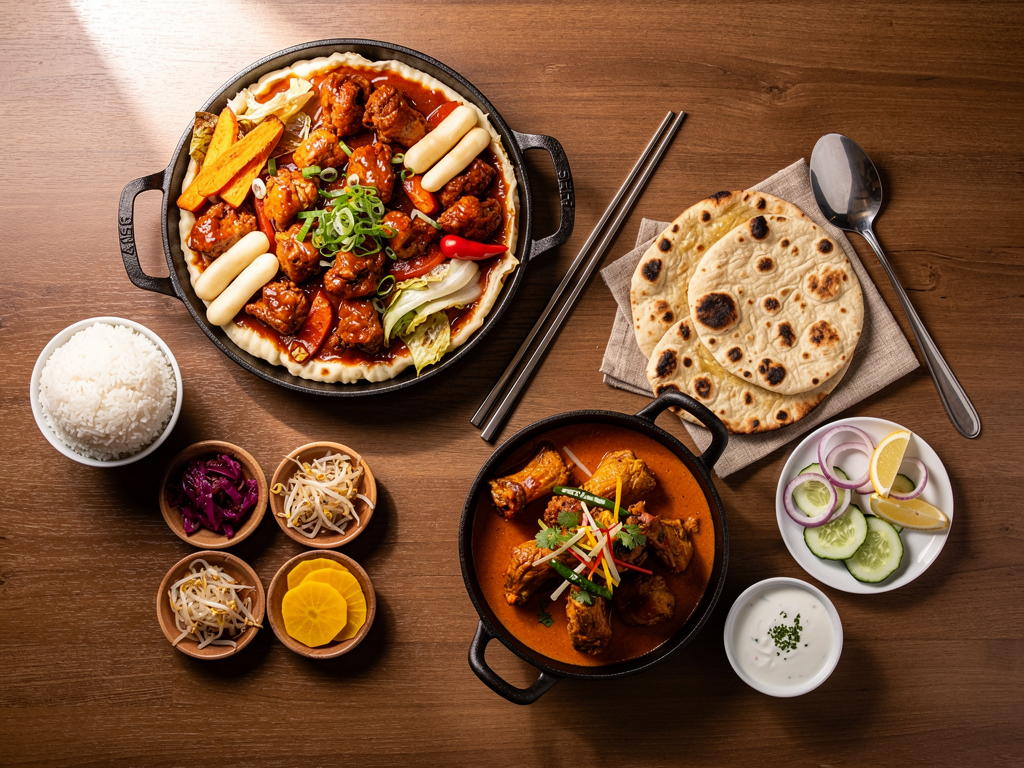 Dakgalbi vs Chicken Karahi (2026): The Honest UAE Guide 3 overhead spread of a Korean cheese dakgalbi pan with rice and banchan beside a Pakistani chicken karahi with naan, raita and salad