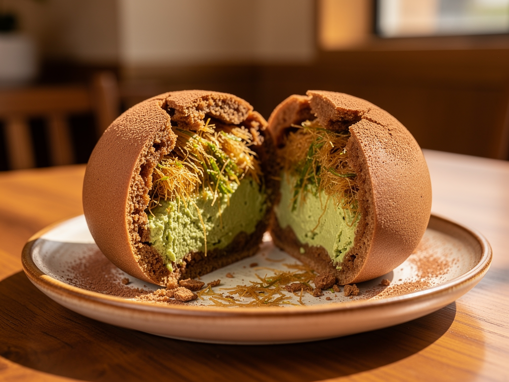 Inside a Dubai chewy cookie: pistachio cream and crisp kunafa filling in a chewy cocoa shell