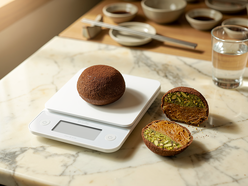 Dubai chewy cookies on a kitchen scale next to pistachios and kunafa