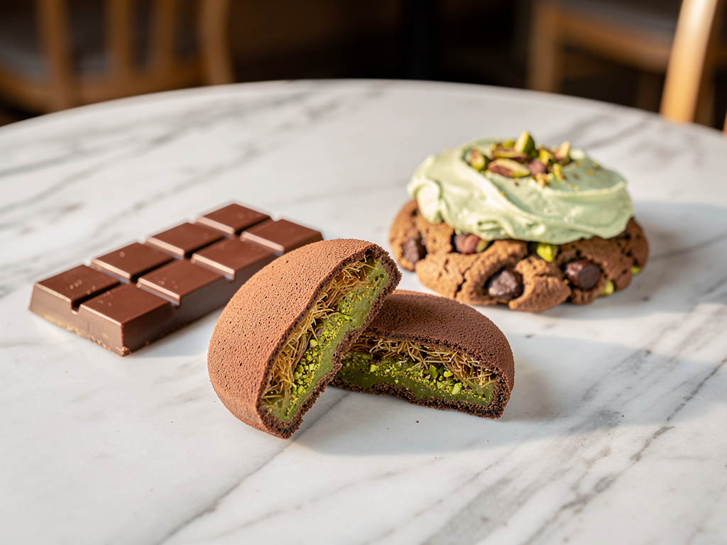 Dubai chewy cookies, a frosted pistachio cookie and a Dubai chocolate bar compared side by side