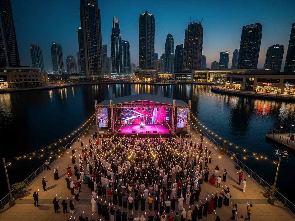 Dubai K-Fest 2026: The Complete Guide to Dates, Free Concerts, Food Deals and Where to Eat 3 K-pop concert crowd at night on the Festival Bay waterfront at Dubai Festival City Mall